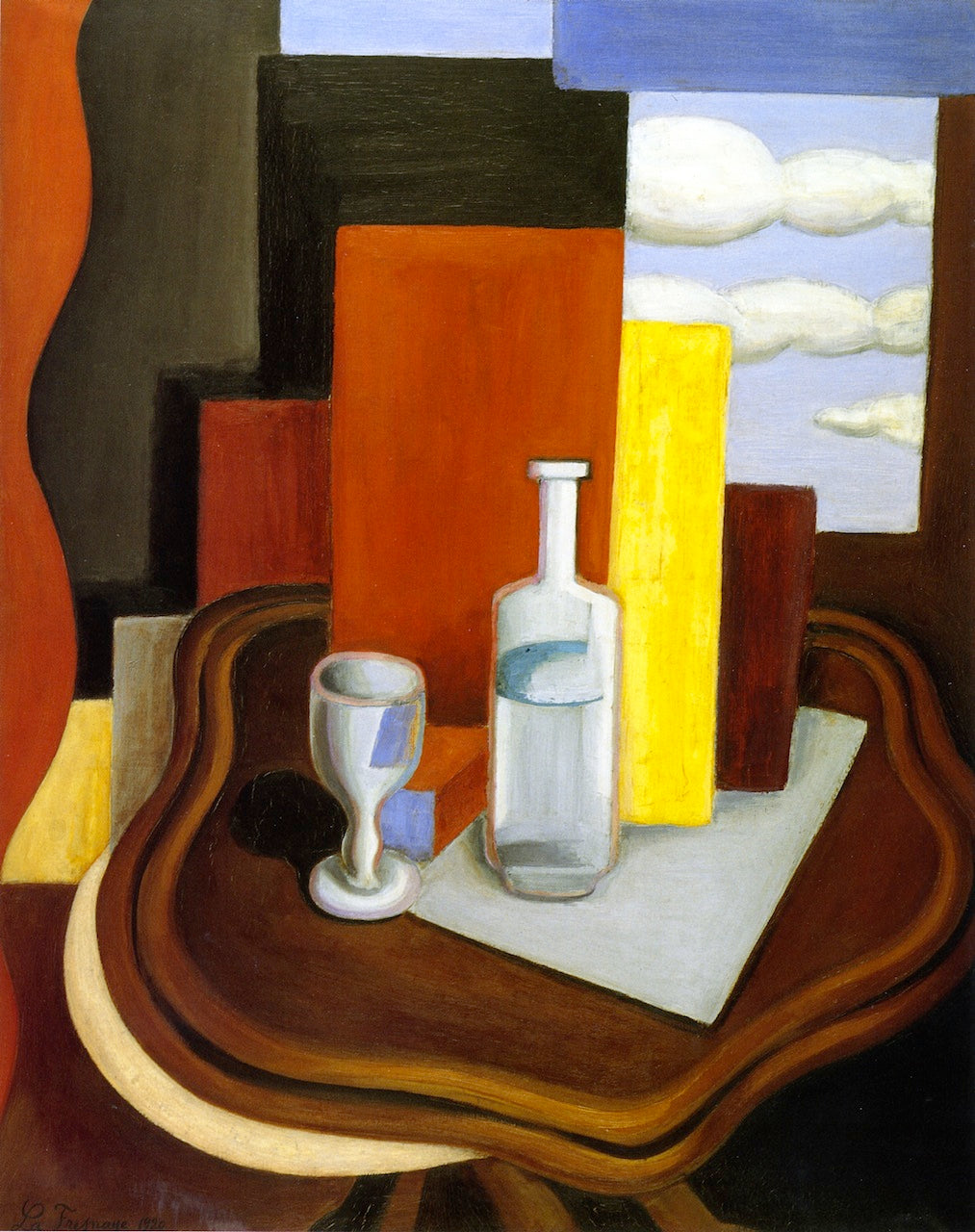 Louis-Philipe Table with a Bottle and Glass, vintage artwork by Roger de la Fresnaye, 12x8" (A4) Poster