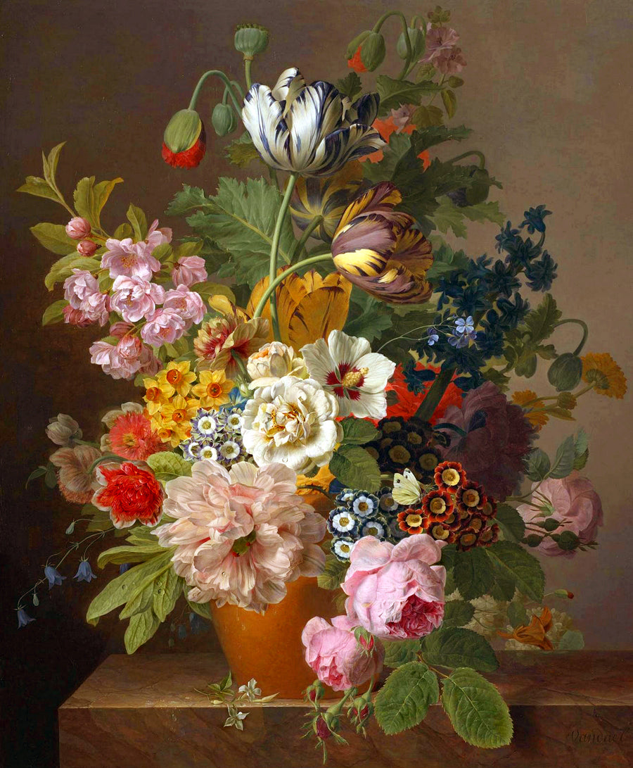 Flowers in a Pot on a Marble Ledge, vintage artwork by Jan Frans van Dael, 12x8" (A4) Poster