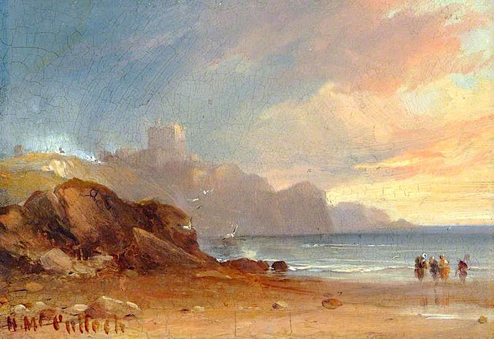 Seascape with a Castle and Figures, vintage artwork by Horatio McCulloch, A3 (16x12
