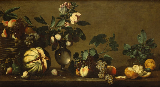 Still Life with Basket of Fruits and Flowers, vintage artwork by Bernardo Strozzi, 12x8" (A4) Poster