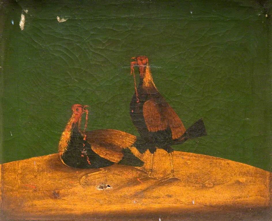 Cockfighting (both cocks bleeding from the mouth), vintage artwork by Attributed to Henry Thomas Alken, 12x8" (A4) Poster