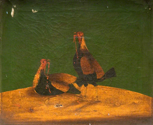 Cockfighting (both cocks bleeding from the mouth), vintage artwork by Attributed to Henry Thomas Alken, 12x8" (A4) Poster