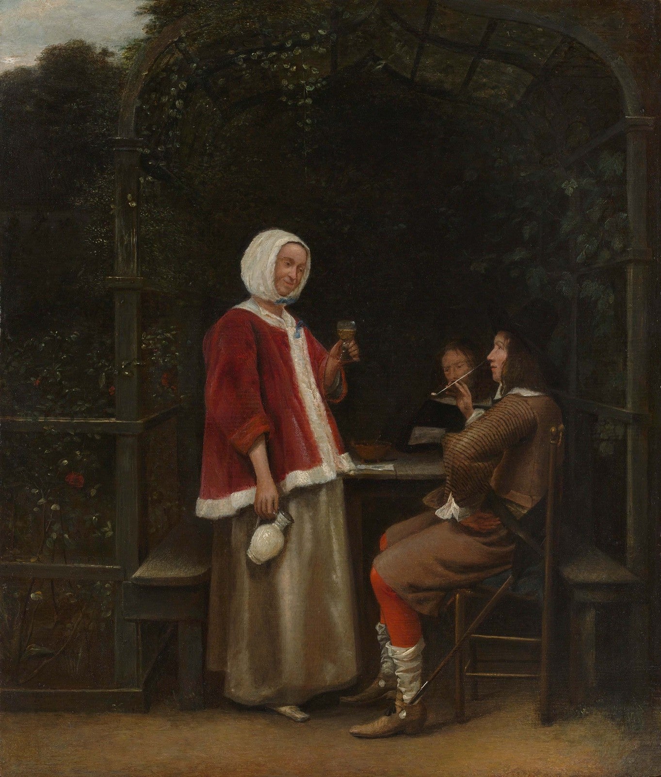 A Woman and Two Men in an Arbour, vintage artwork by Pieter de Hooch, 12x8" (A4) Poster