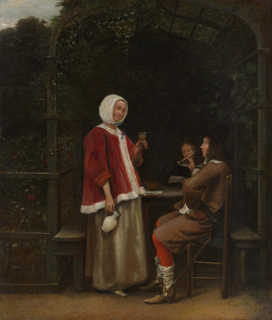 A Woman and Two Men in an Arbour, vintage artwork by Pieter de Hooch, 12x8" (A4) Poster