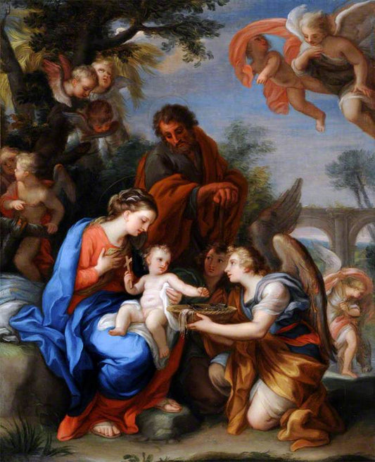 The Rest on the Flight into Egypt with Angels, vintage artwork by Giuseppe Bartolomeo Chiari, 12x8" (A4) Poster