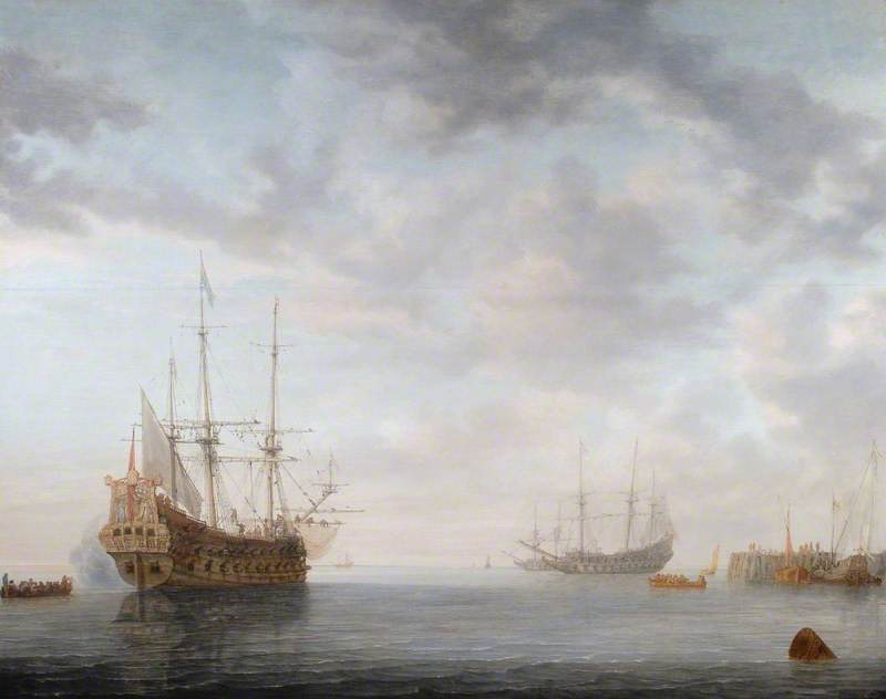 Dutch Men-of-War at Anchor, vintage artwork by Simon de Vlieger, 12x8" (A4) Poster