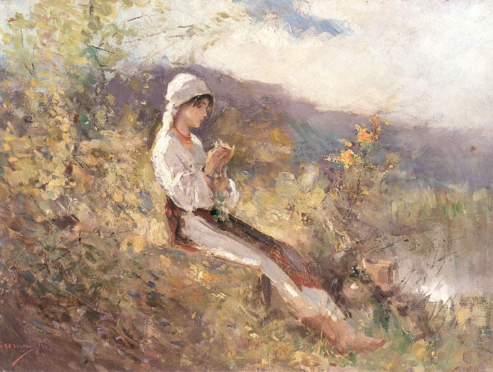 Peasant Woman Sitting in the Grass, vintage artwork by Nicolae Grigorescu, 12x8" (A4) Poster