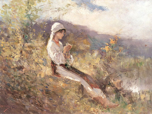 Peasant Woman Sitting in the Grass, vintage artwork by Nicolae Grigorescu, 12x8" (A4) Poster