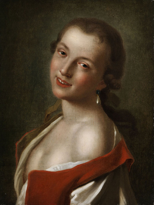 Portrait of a young smiling girl with a pearl earring, vintage artwork by Pietro Antonio Rotari, 12x8" (A4) Poster