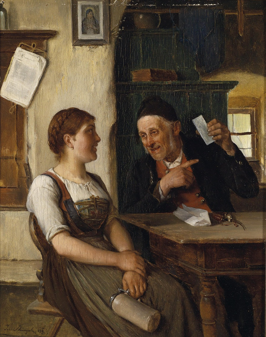 Marriage broker shows an image to a young woman, vintage artwork by Josef Kinzel, 12x8" (A4) Poster