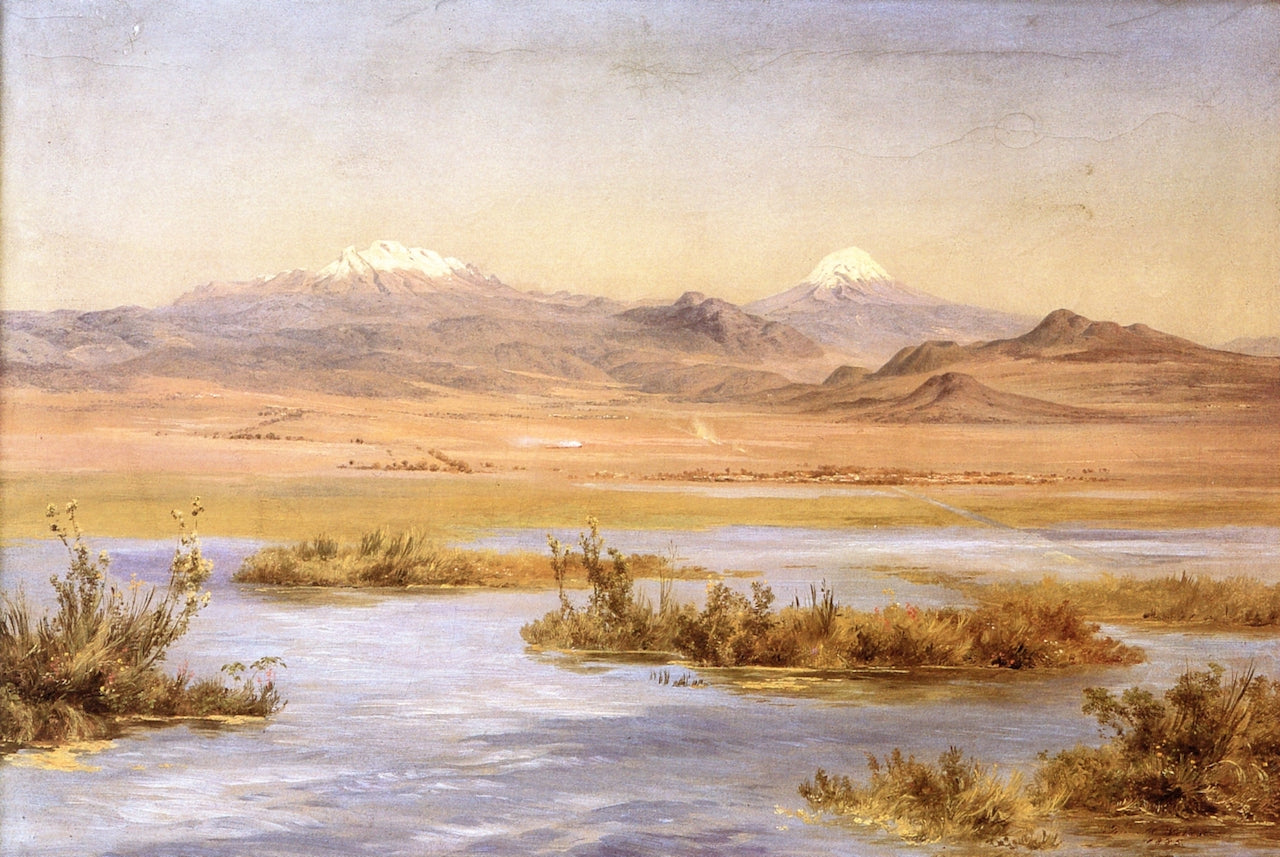 El Popocatepetl y el Iztaccíhuatl desde el lago de Chalco, vintage artwork by Jose María Velasco, 12x8" (A4) Poster