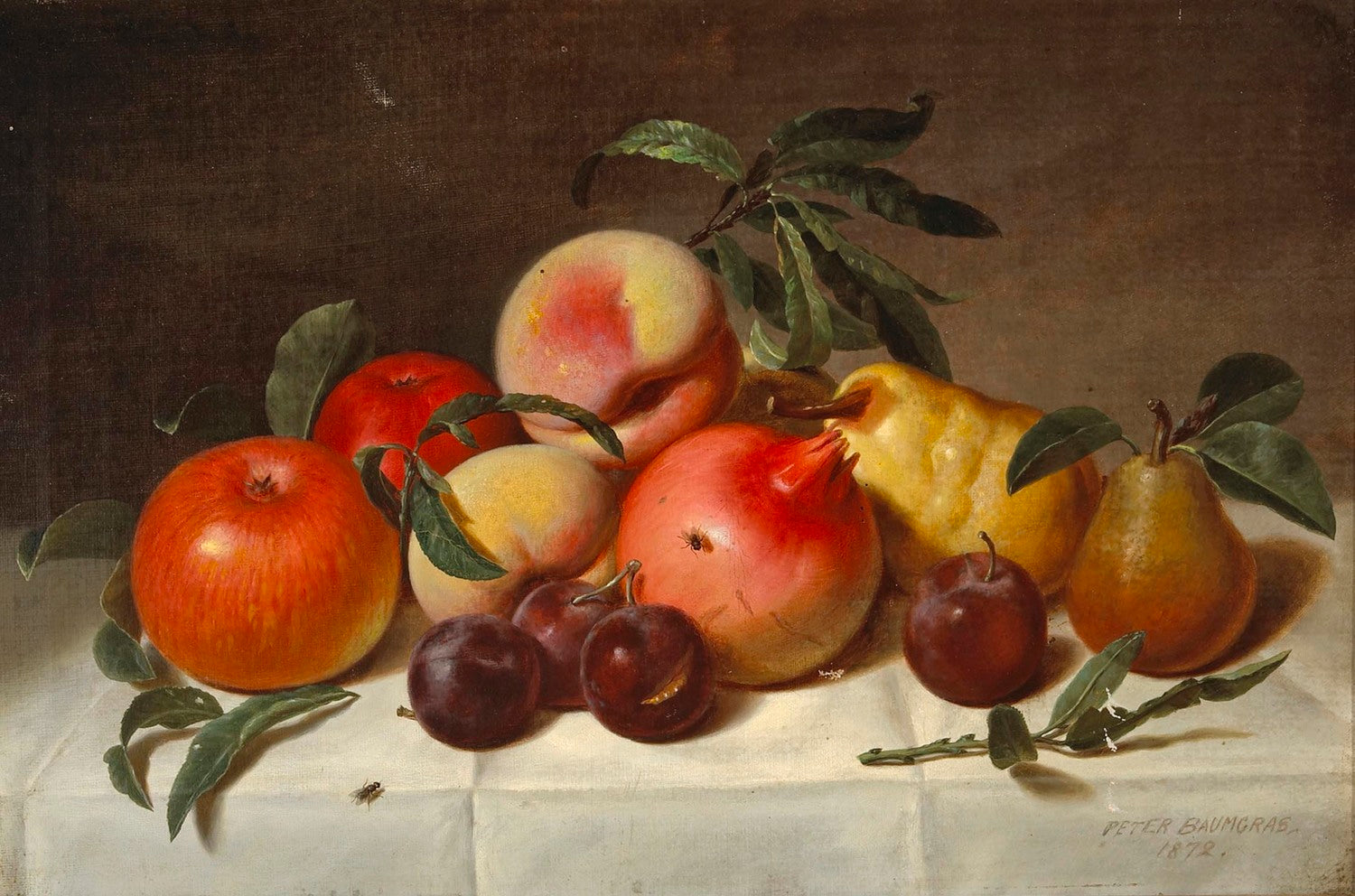 Still Life with Plums, Pears, Pomegranates, and Apples, vintage artwork by Peter Baumgras, 12x8" (A4) Poster