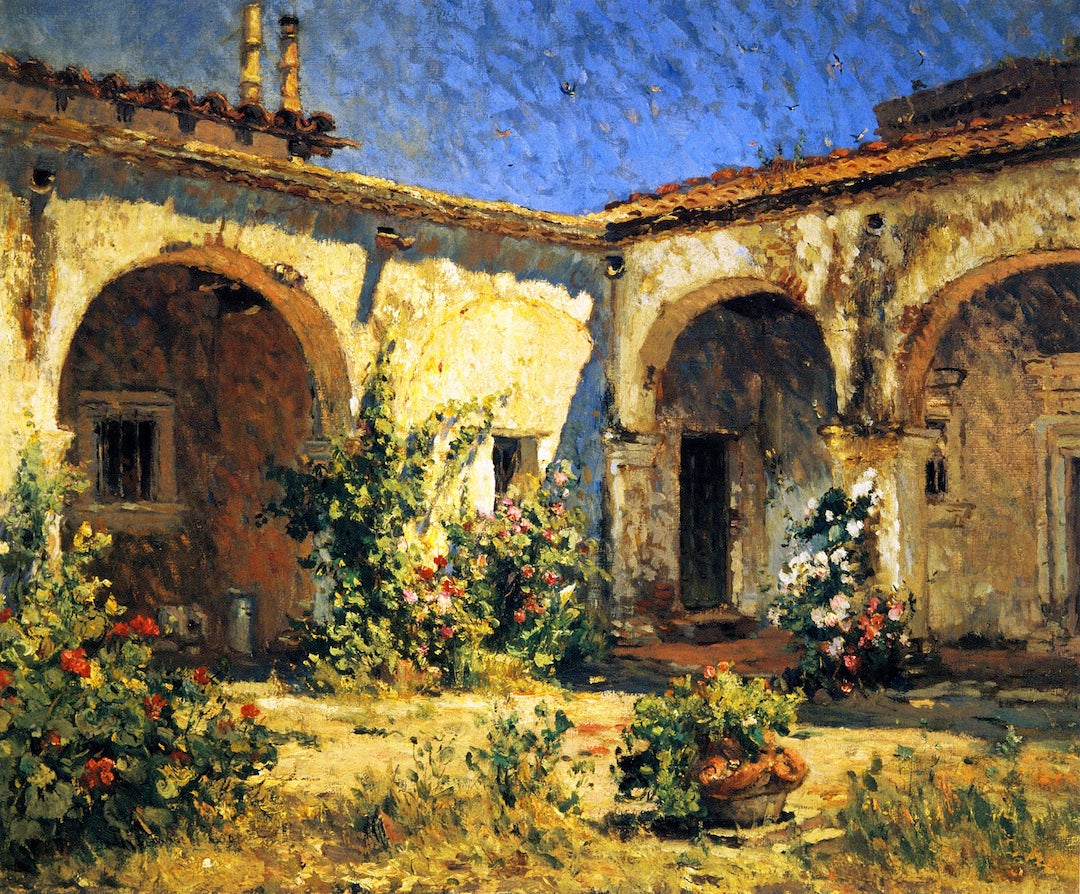 Mission Courtyard (San Juan Capistrano), vintage artwork by Colin Campbell Cooper, 12x8" (A4) Poster