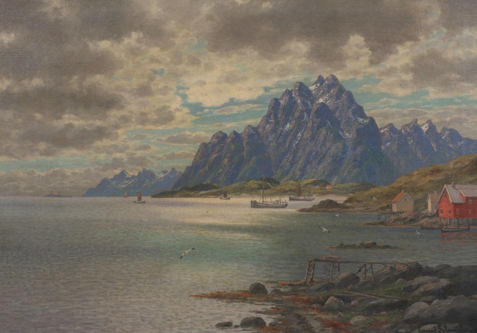Coastal Landscape with Fishing Boats, vintage artwork by Conrad Selmyhr, 12x8" (A4) Poster