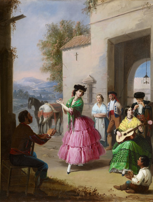 Cheering at the gates of the farm, vintage artwork by Manuel Cabral Aguado Bejarano, 12x8" (A4) Poster