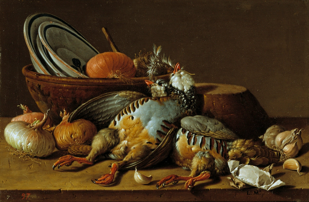 Still Life with Partridges, Onions, Garlic and Containers, vintage artwork by Luis Melendez, 12x8" (A4) Poster