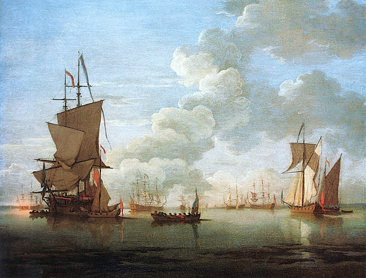 A Fleet Lying a Anchor in an Estuary, vintage artwork by Peter Monamy, 12x8" (A4) Poster