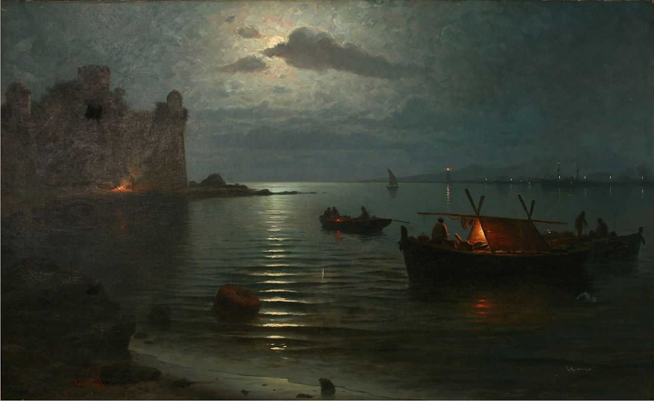 Coastal Scene in Málaga with a Castle Ruin and Fishermen, vintage artwork by Gillermo Gomez Gil, 12x8" (A4) Poster