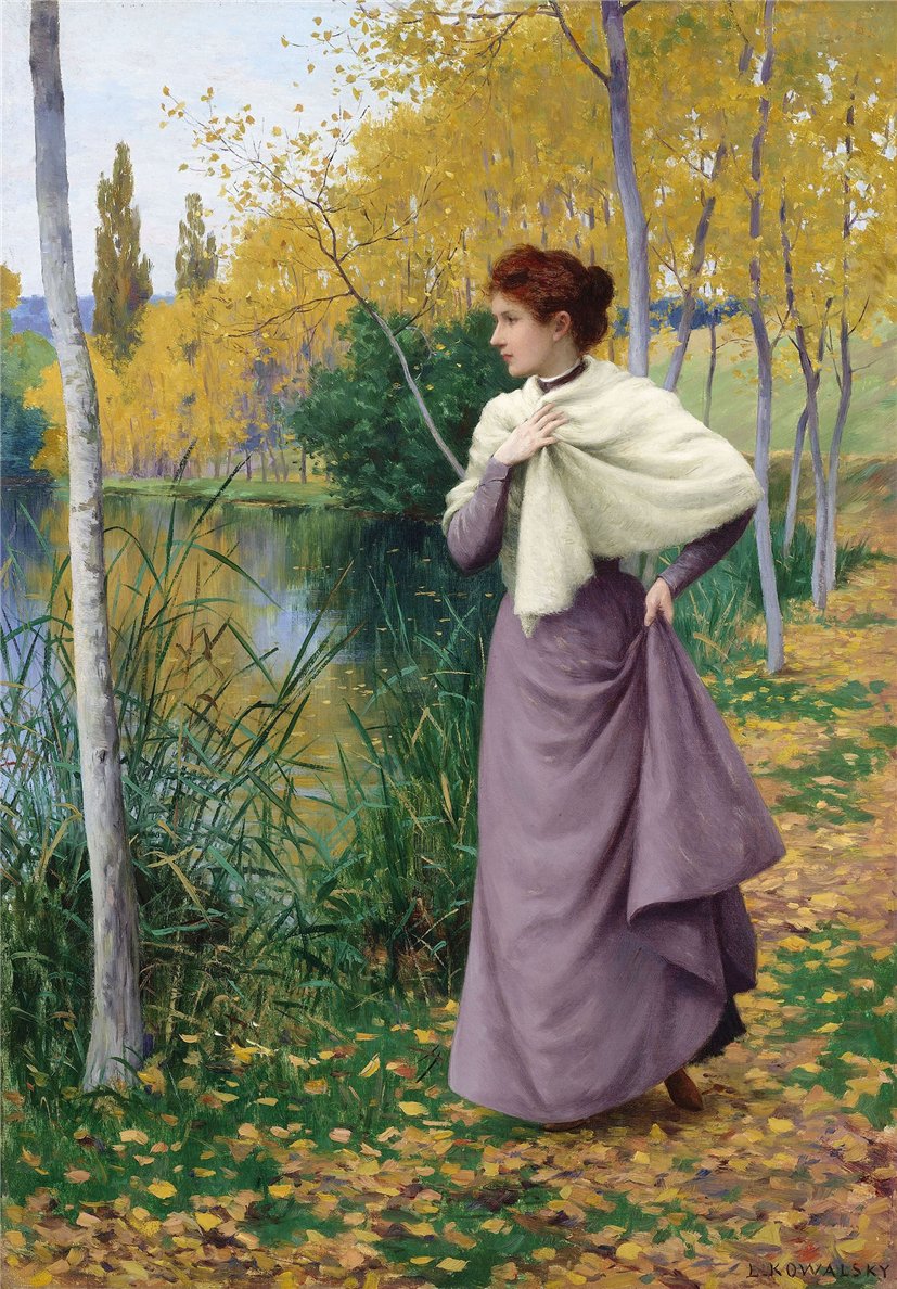 At the Edge of the Pond, Autumn by Leopold Franz Kowalski,A3(16x12")Poster