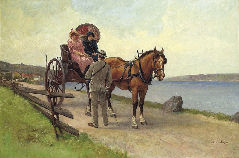 Horse and wagon with two women and man, vintage artwork by Axel Hjalmar Ender, 12x8" (A4) Poster