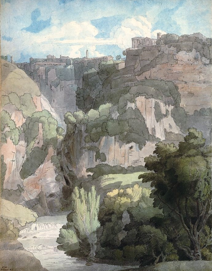 Tivoli from below the falls, with the Temple of Vesta, vintage artwork by Francis Towne, 12x8" (A4) Poster