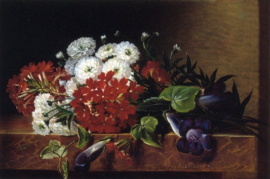 Iris, Dahlia, Pelargonium and Ivy Leaves on a Brown Marble Ledge, vintage artwork by Johan Laurentz (J.L.) Jensen, A3 (16x12") Poster Print