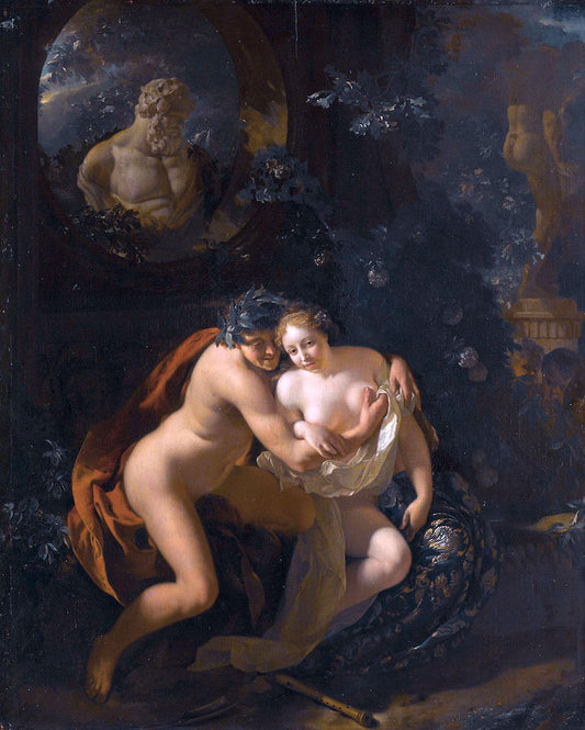 Amorous Couple in a Park Spied upon by  Children., vintage artwork by Adriaen van der Werff, 12x8" (A4) Poster