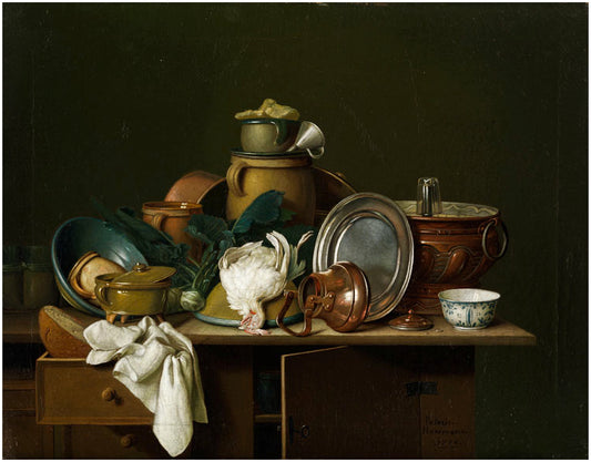 A kitchen still life with dishes, fruit and poultry, vintage artwork by Peter Jacob Horemans, 12x8" (A4) Poster