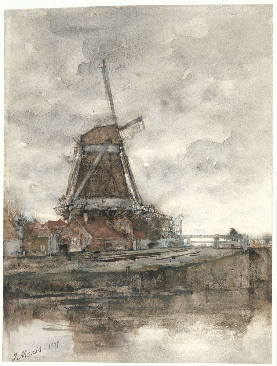 De molen en de brug bij de Noord-West-Buitensingel in Den Haag, vintage artwork by Jacob Maris, 12x8" (A4) Poster