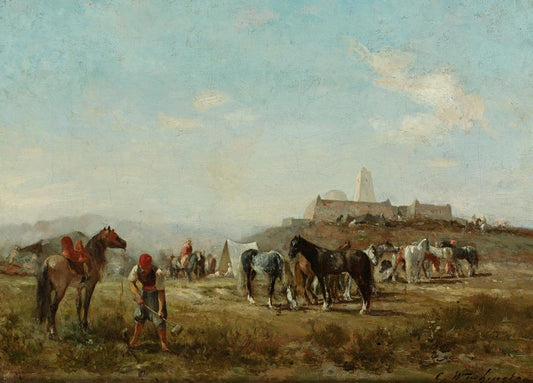 Arab Camp below Fortified Town with Mosque and Tower, vintage artwork by Georges Washington, 12x8" (A4) Poster