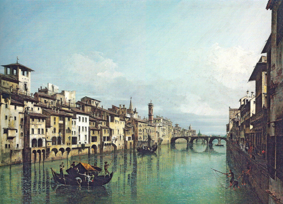 The Arno towards the Ponte Santa Trinitá, vintage artwork by Bernardo Bellotto, 12x8" (A4) Poster