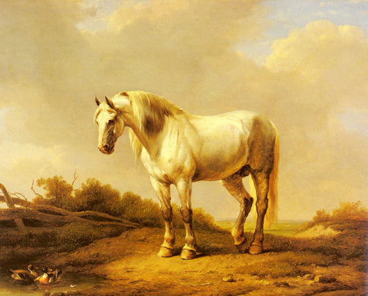 A White Stallion In A Landscape, vintage artwork by Eugene Verboeckhoven, A3 (16x12") Poster Print