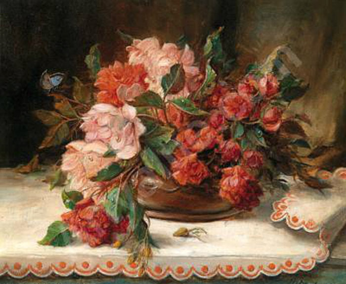 Bouquet of Roses in a Copper Shell by Hans Zatzka,A3(16x12