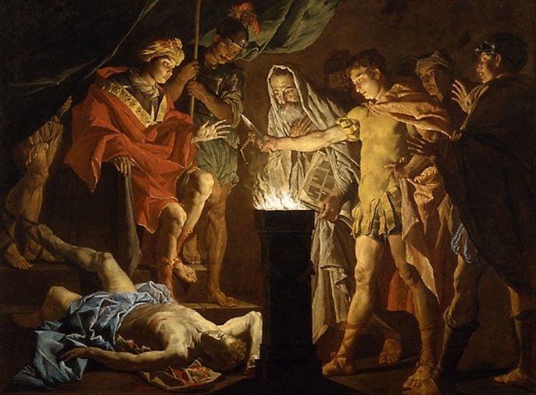 Mucius Scaevola in the Presence of Lars Porsenna, vintage artwork by Matthias Stomer, 12x8" (A4) Poster