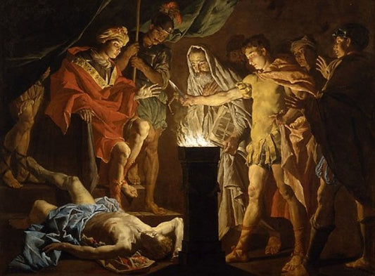 Mucius Scaevola in the Presence of Lars Porsenna, vintage artwork by Matthias Stomer, 12x8" (A4) Poster