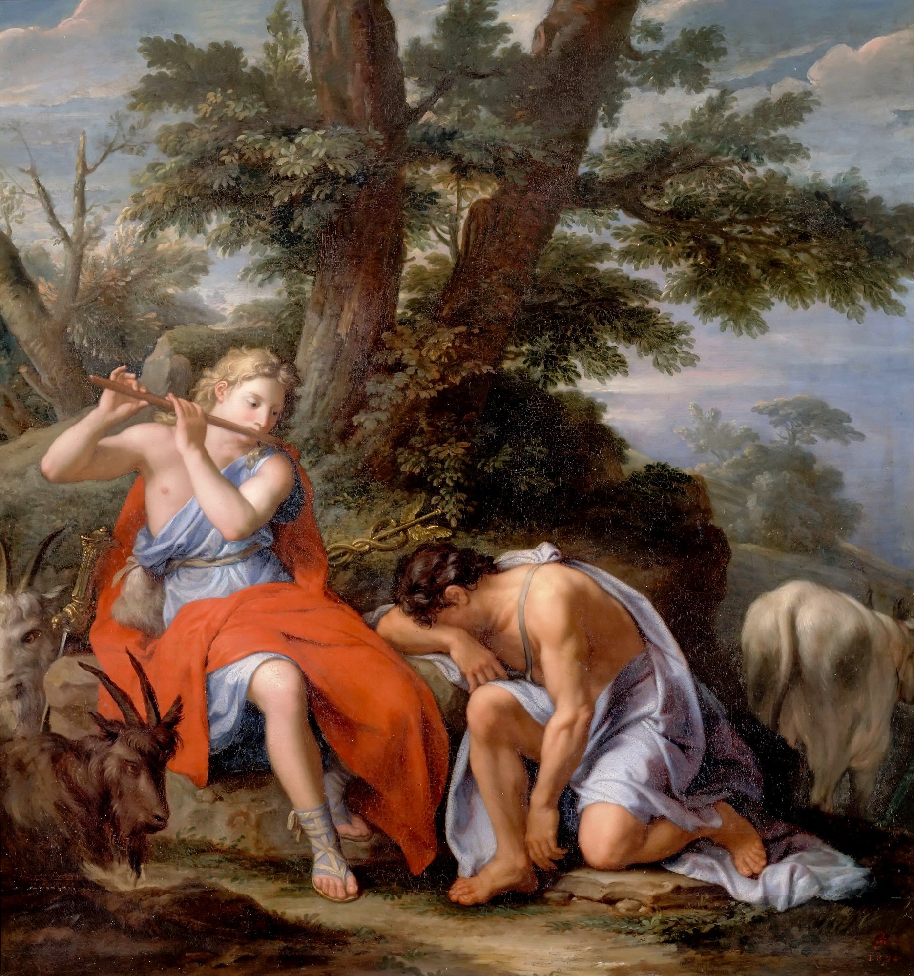 Mercury Playing the Flute to put Argus the Shepherd to Sleep, vintage artwork by Rene-Antoine Houasse, 12x8" (A4) Poster