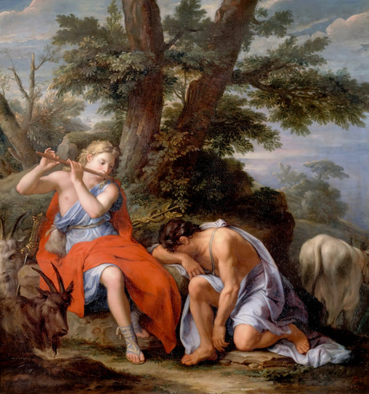 Mercury Playing the Flute to put Argus the Shepherd to Sleep, vintage artwork by Rene-Antoine Houasse, 12x8" (A4) Poster