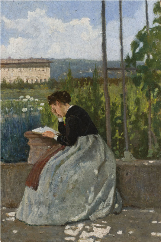 Romantic Reading, vintage artwork by Silvestro Lega, 12x8" (A4) Poster