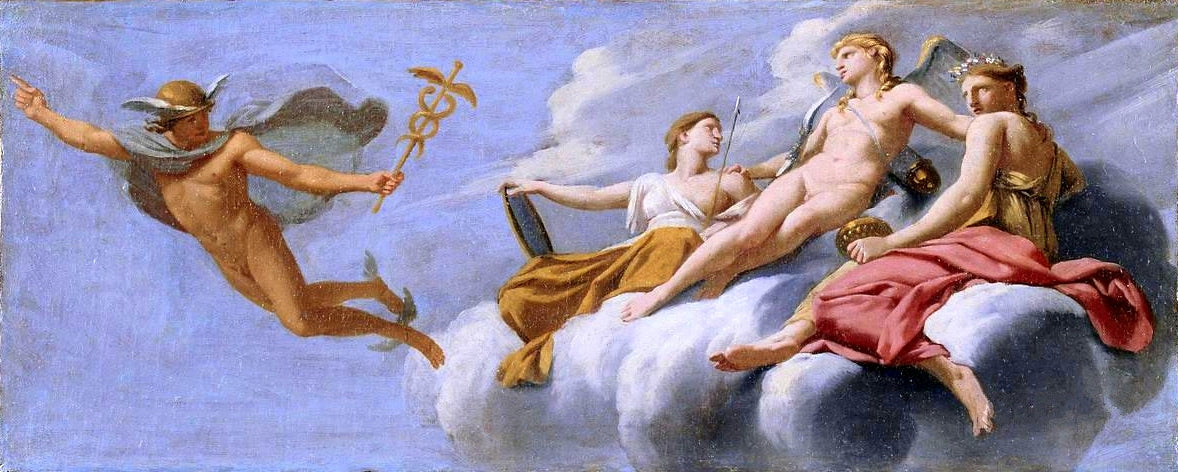 Life of Cupid - Cupid Ordering Mercury to Announce his Power to the Universe (study), vintage artwork by Eustache Le Sueur, 12x8" (A4) Poster