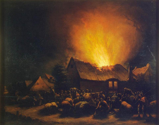 Fire in a Village, vintage artwork by Egbert van der Poel, 12x8" (A4) Poster