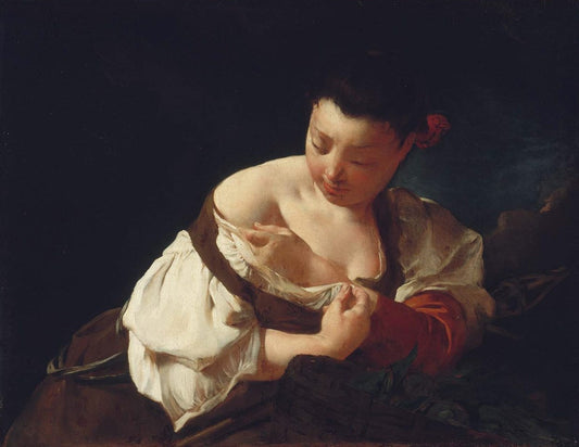 Peasant Girl Catching a Flea, vintage artwork by Giovanni Battista Piazzetta, 12x8" (A4) Poster