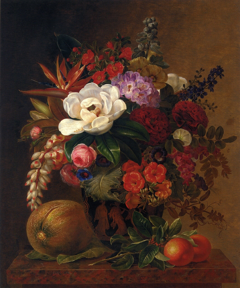 Exotic Blooms in a Grecian Urn with Fruit on a Marble Ledge, vintage artwork by Johan Laurentz (J.L.) Jensen, A3 (16x12") Poster Print