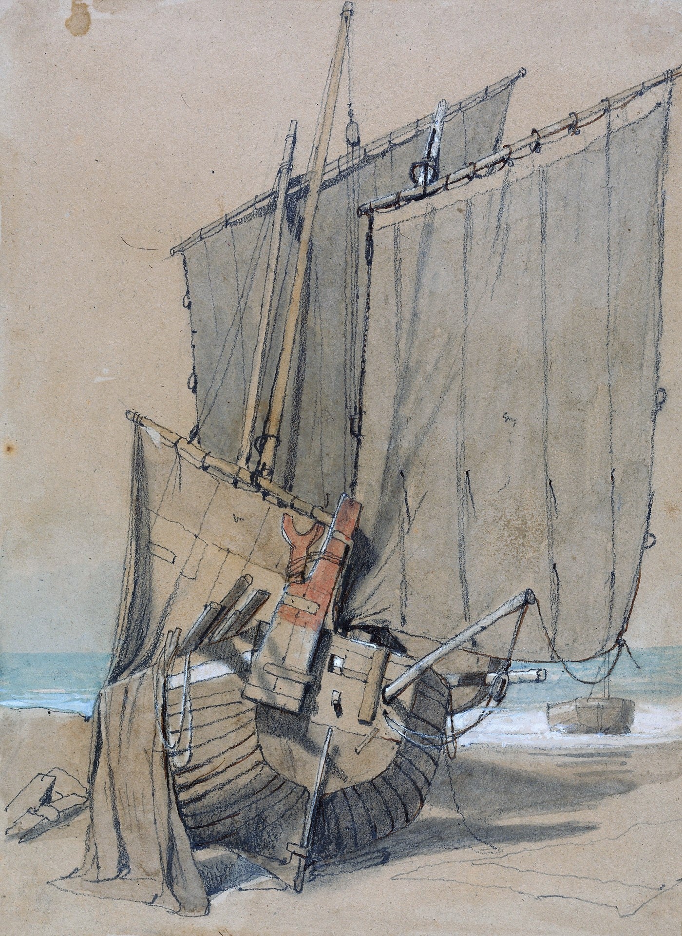 Fishing Boats on the Beach with Sails Drying, vintage artwork by Samuel Prout, 12x8" (A4) Poster