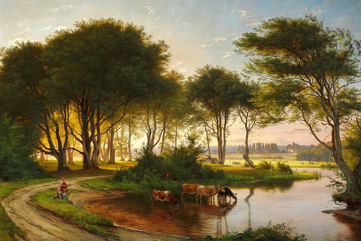 Danish summer landscape with two girls watering the cows in a stream, vintage artwork by Carl Frederik Aagaard, 12x8" (A4) Poster