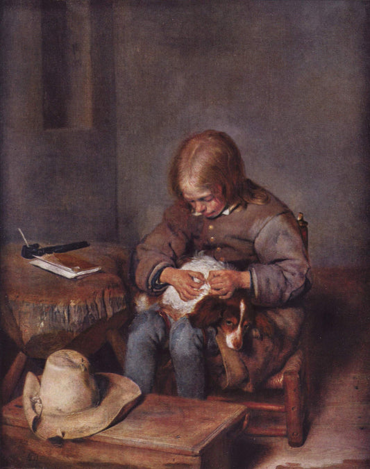 A Boy Fleaing His Dog, vintage artwork by Gerard ter Borch, 12x8" (A4) Poster