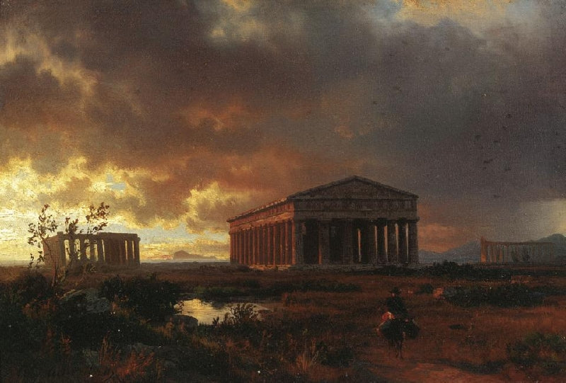At the antic Temple Complex of Paestum, vintage artwork by Oswald Achenbach, 12x8" (A4) Poster
