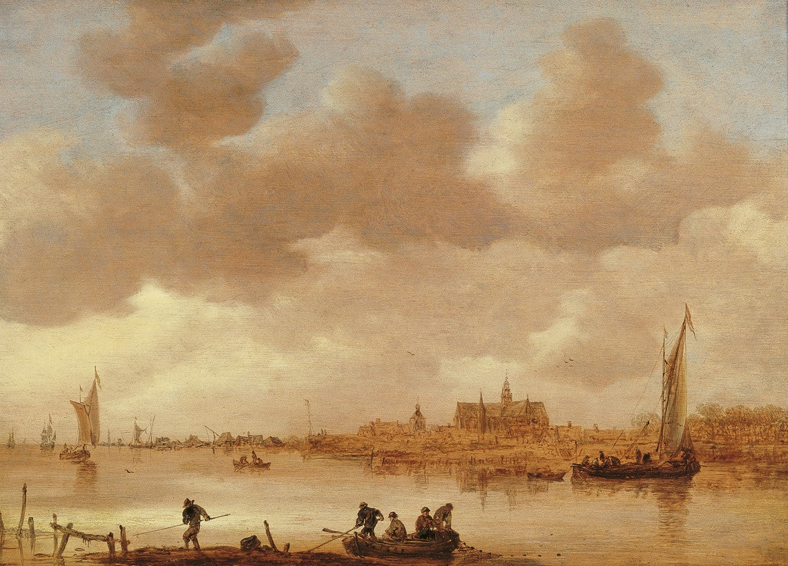 River Landscape with a Town in the Background, vintage artwork by Jan van Goyen, 12x8" (A4) Poster