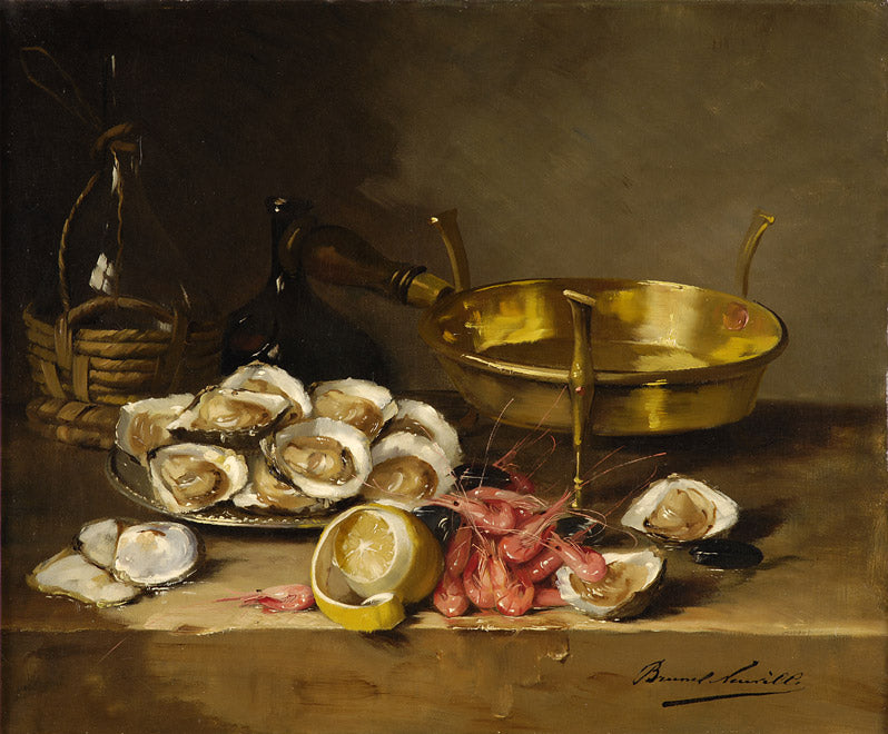 Still life with oysters and shrimps, vintage artwork by Alfred Brunel de Neuville, 12x8" (A4) Poster