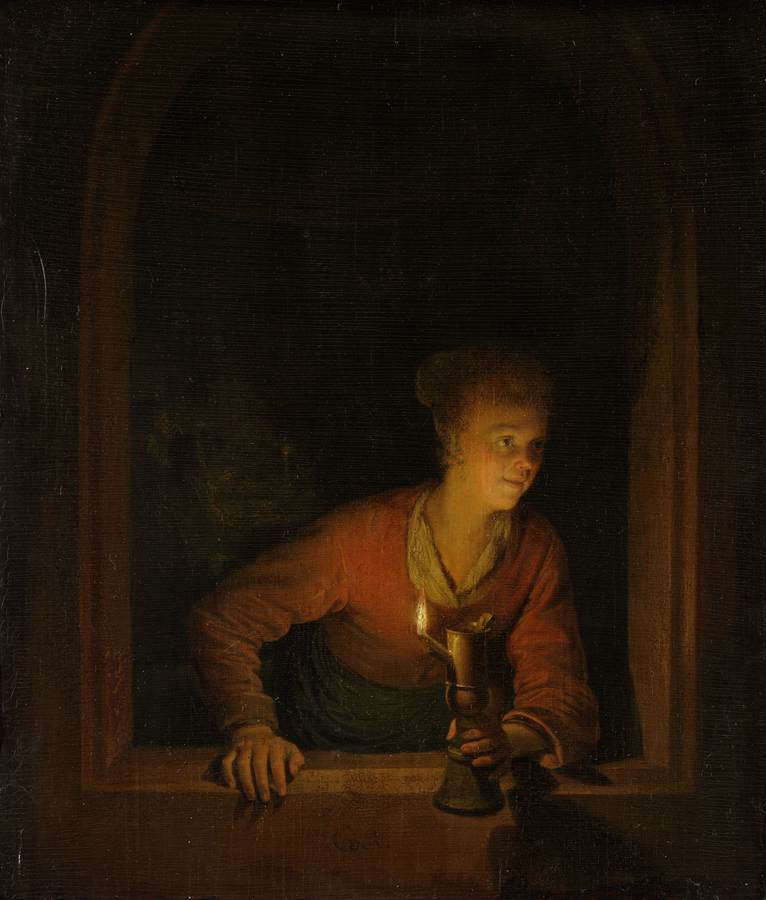 Girl with Burning Oil Lamp, vintage artwork by Gerrit Dou, 12x8" (A4) Poster