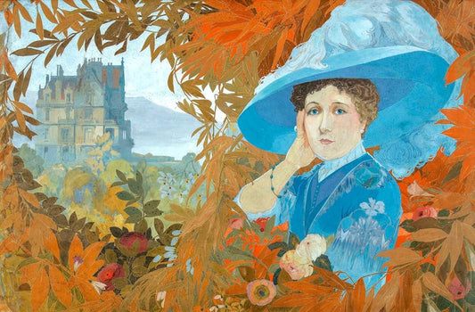 Femme au chapeau bleu devant un château by Georges de Feure,A3(16x12")Poster
